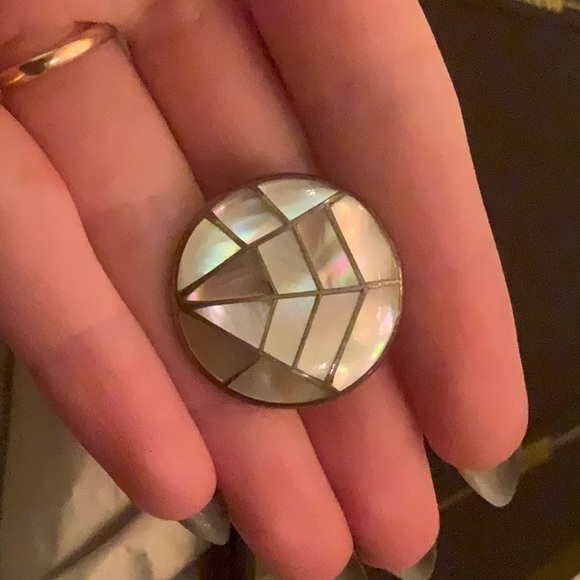 Spiderweb Pearl Pendant, Southwestern Inlay Mother of Pearl Brooch, Signed - Picture 6 of 10